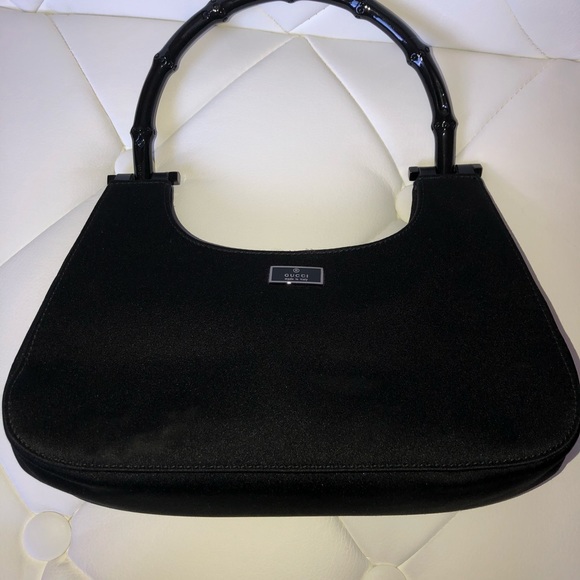Gucci Black Satin Bamboo Handle Hobo Bag Black Gucci Purse Mini Satin Hobo Purse - Picture 3 of 10